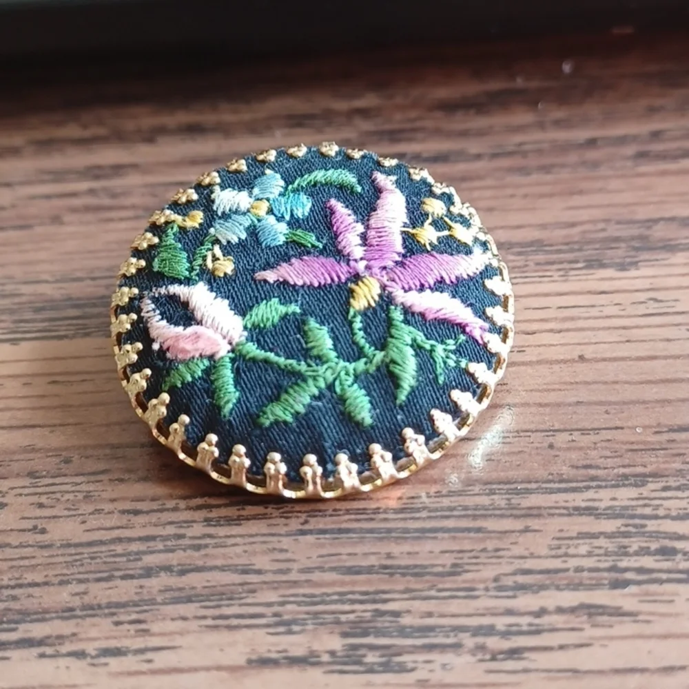 Vintage embroidered flowers brooch West Germany